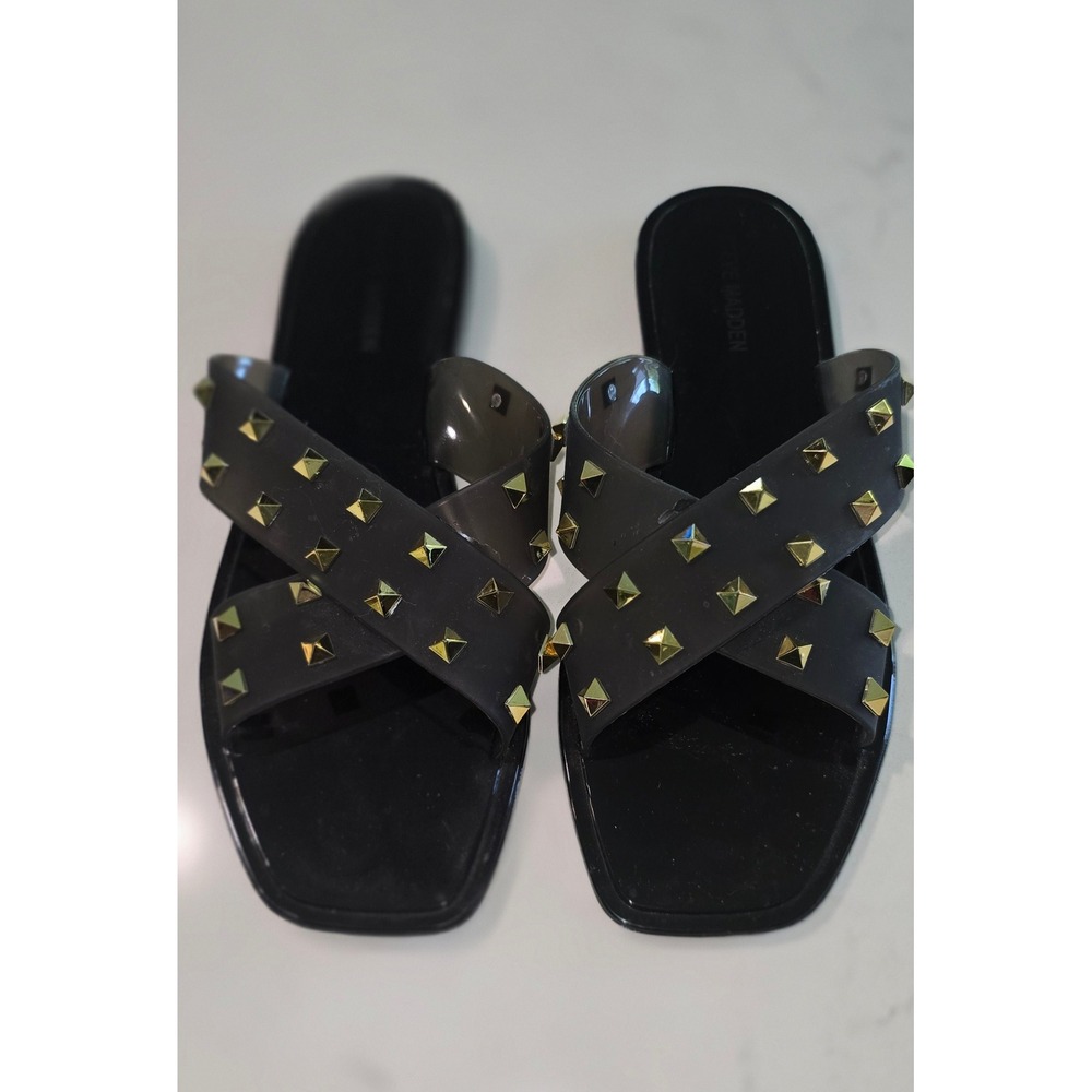 Steve Madden Skylar Black Jelly Studded Cross Strap Square Toe Slide Sandals 9